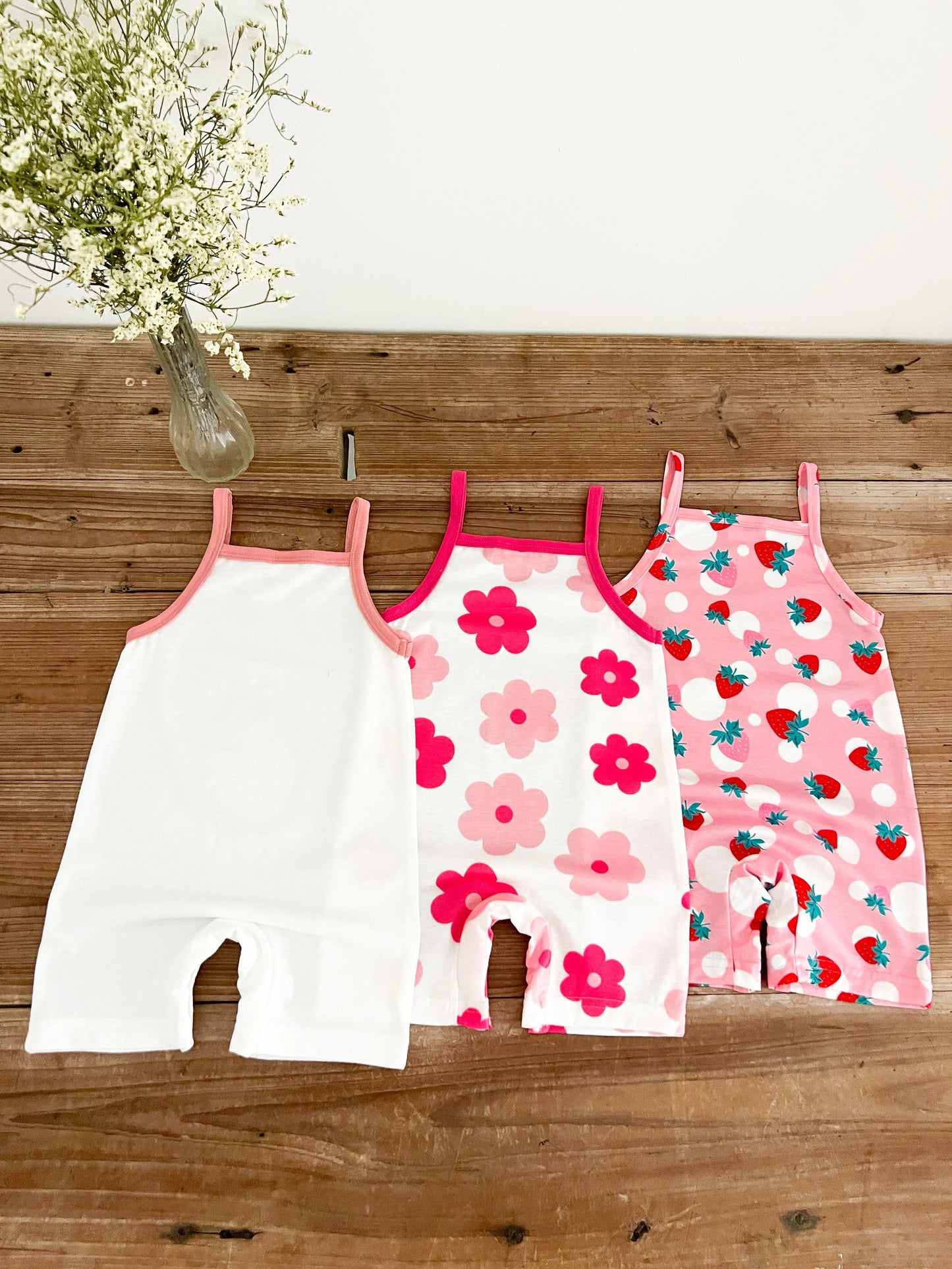 Summer  0-1 Years  Old  Infant  Baby  Girls  Fruit  Print  Camisole  Jumpsuit  3-Piece  Set , Suitable  For  Daily  Wear