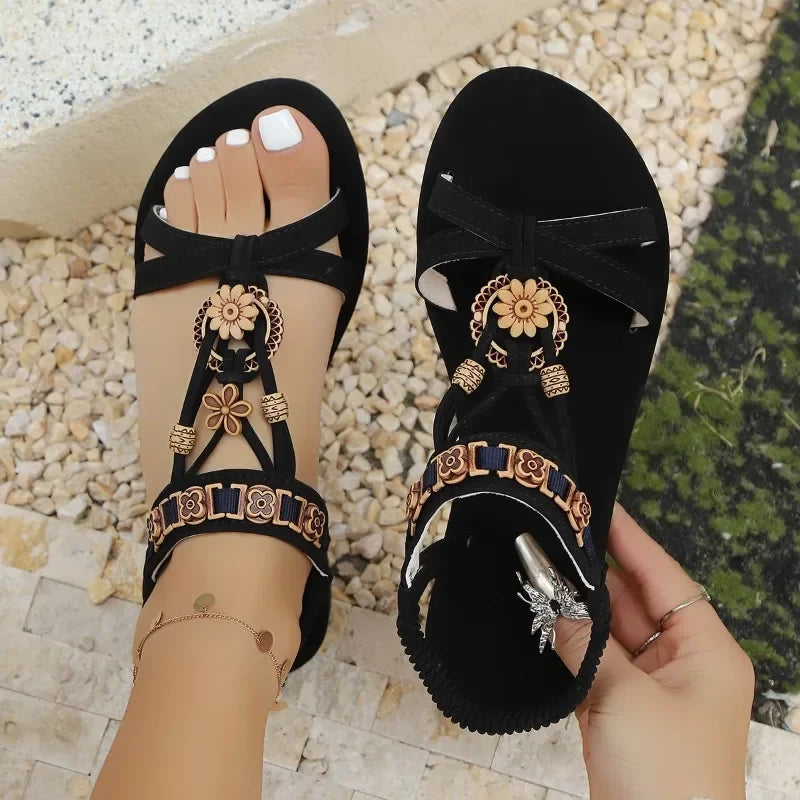 Ladies Shoes 2025 Hot Sale Open Toe Women's Sandals Fashion Floral Daily Summer New Plus Size Light Soft Bottom Flat Sandals