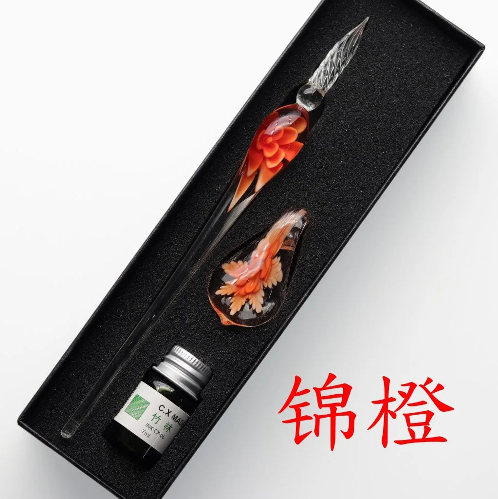 Embedded flower glass pen set, colored dipping pen, street vendor gift box, signature pen, glass pen gift