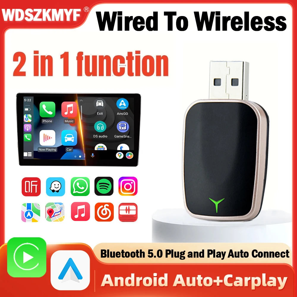2025 New Wired to Wireless CarPlay 2 in1 Mini Adapter Android Auto Smart Box Plug and Play Auto Connection OTA Update Universal
