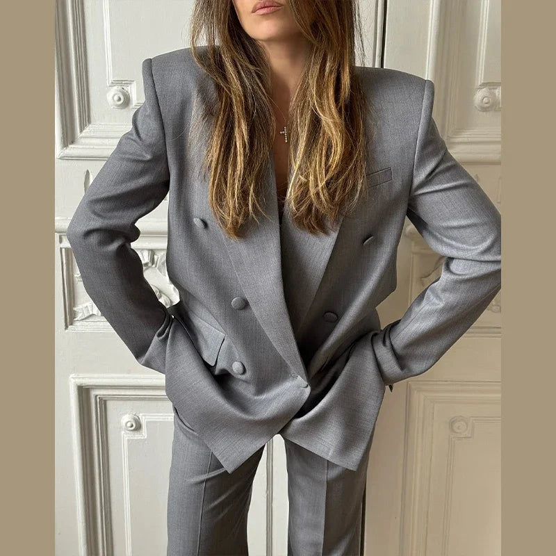 Elegant Blazer Coat Pants Set Women 2026 Lapel Double Breasted Jacket Straight Trousers Female Sets Spring Chic Lady Suit