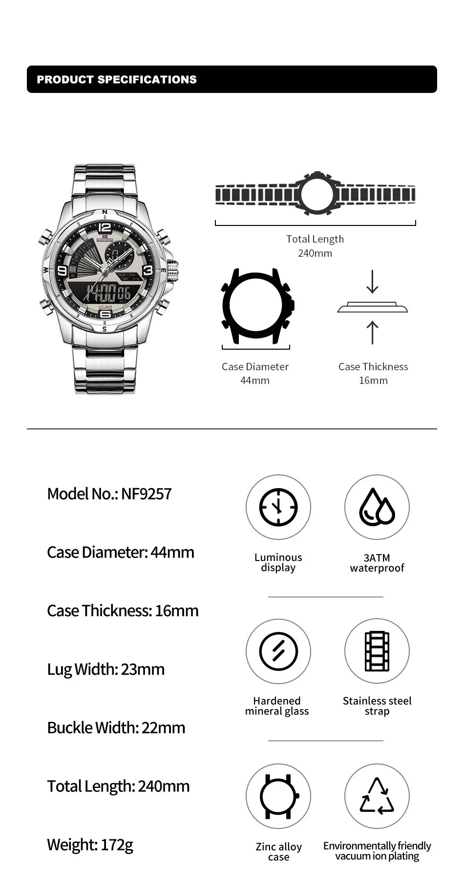 NAVIFORCE Men's Watch 3ATM Waterproof Multifunctional Dual Display with Date Stainless Steel Strap Luxury Business Wristatch