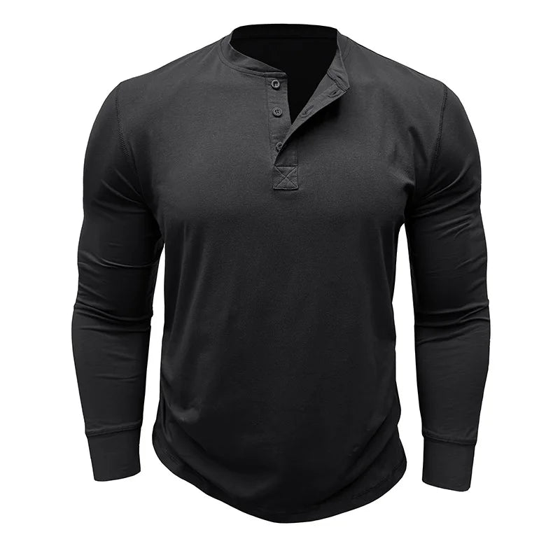 SHiONFA Spring Men's Long Sleeved T-shirt Casual Soft Cotton Base Shirt Placket Front Button Solid Color Pullover
