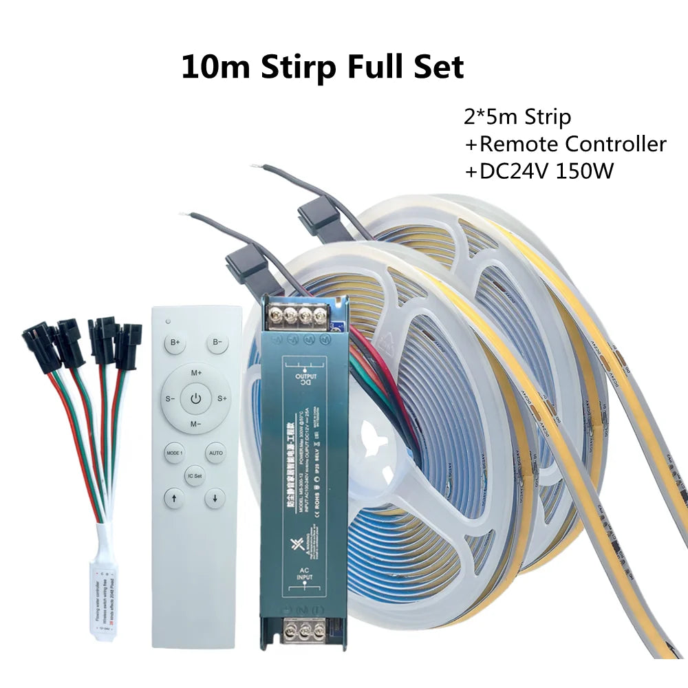 WS2811 COB Running Water Flowing LED Strip Light Horse Race Chasing Tape Wireless Remote Controller DC24V Power 20M 10M Full Set