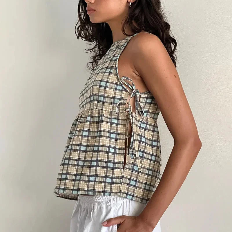 Cute Women Y2k Babydoll Tank Top Cute Tie Up Side Sleeveless Peplum Top Vintage Plaid Solid Cami Tank Top Coquette Streetwear