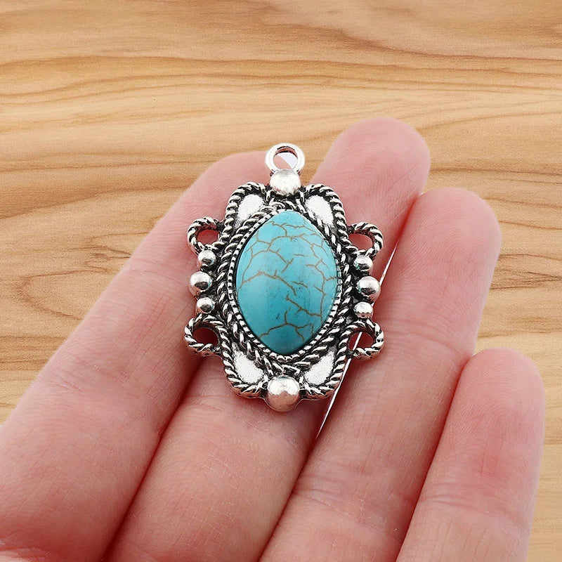 4 Pieces Tibetan Silver Color & Turquoise Crystal Hollow Charms Pendants For DIY Necklace Jewelry Making Accessories