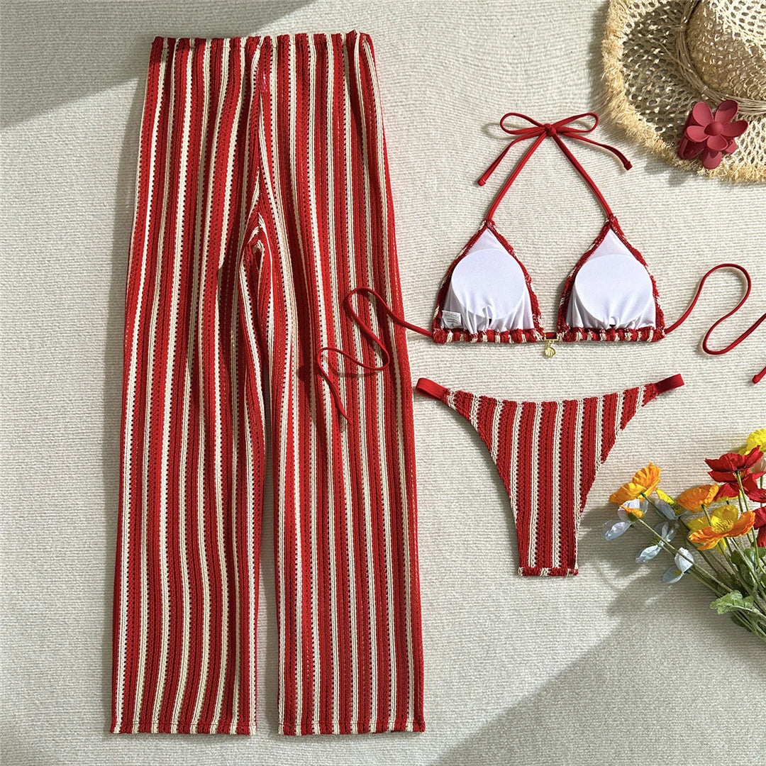 With Pants Striped Halter Bikini Female Swimsuit Women Swimwear Three-Pieces Bikini Set Brazilian Bather Bathing Suit Swim V7838