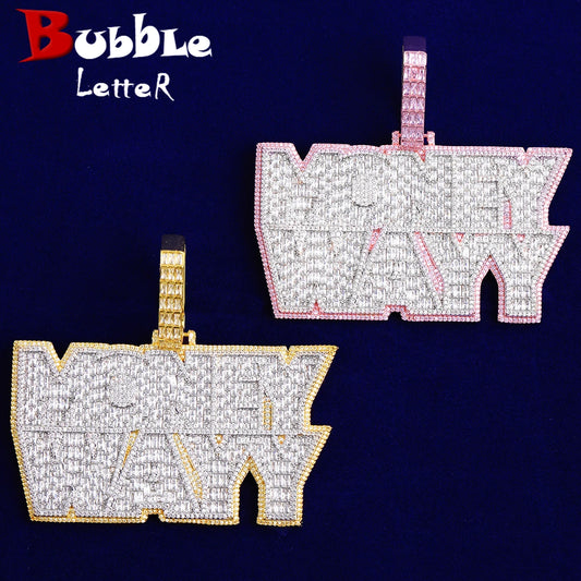 Bubble Letter Iced Out Money Wayy Necklace Pendant for Men Prong Setting Real Gold Plated Hip Hop Jewelry