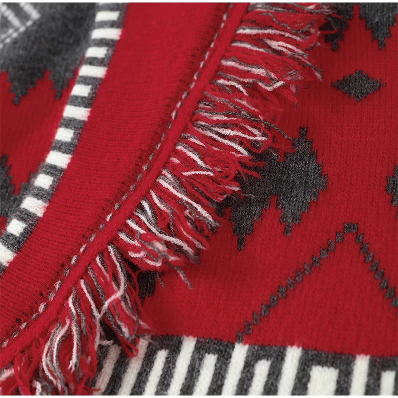 Women's Print Fringe Knitted Vest Coat Fashion Sleeveless Tie Waist Pocket Cardigan Sweater Lady 2025 Autumn Casual Outerwear