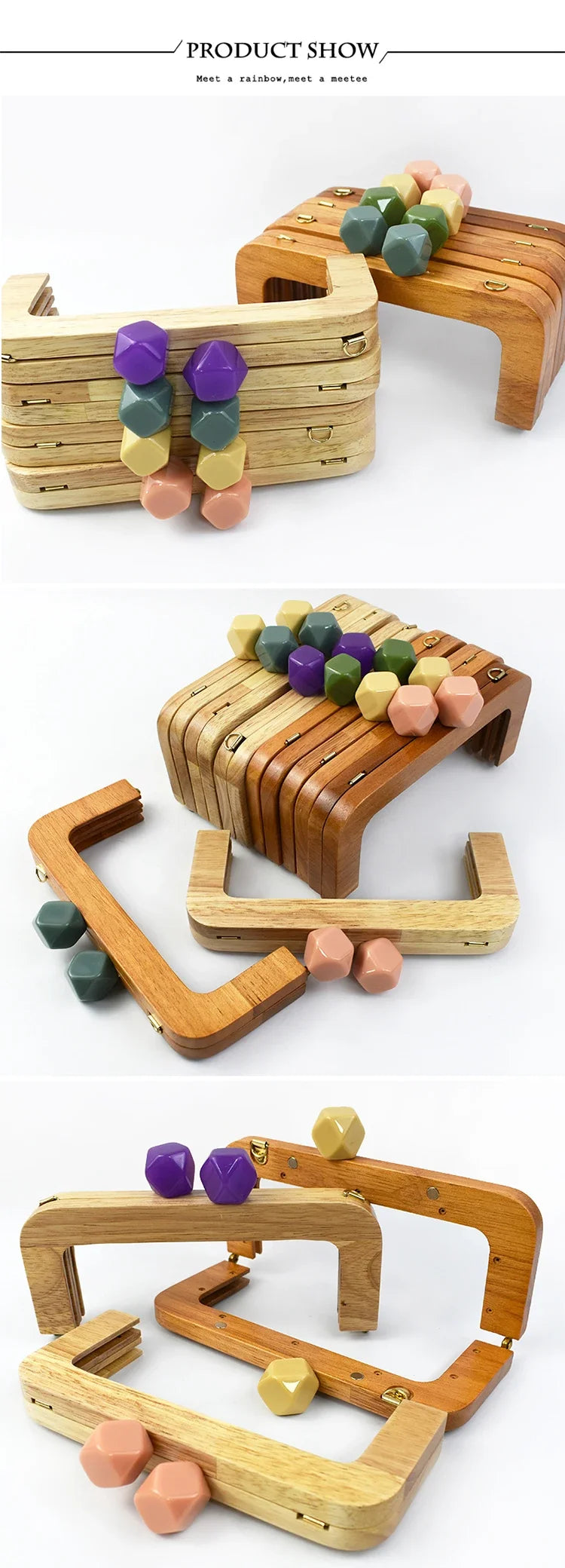 Deepeel 20cm Solid Wood Square Bag Handles Wooden Beads Kiss Clasp Locks Handbag Purse Frames Handle DIY Crafts Accessories