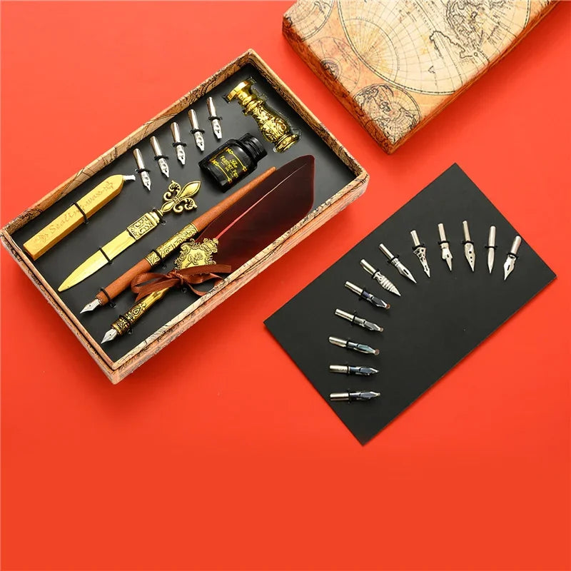 Sprinkling Gold Vintage Feather Pen Set Luxury Fountain Pen Ink Bottle Calligraphy Writing Dip Pen Nib Quill Birthday Gift Box