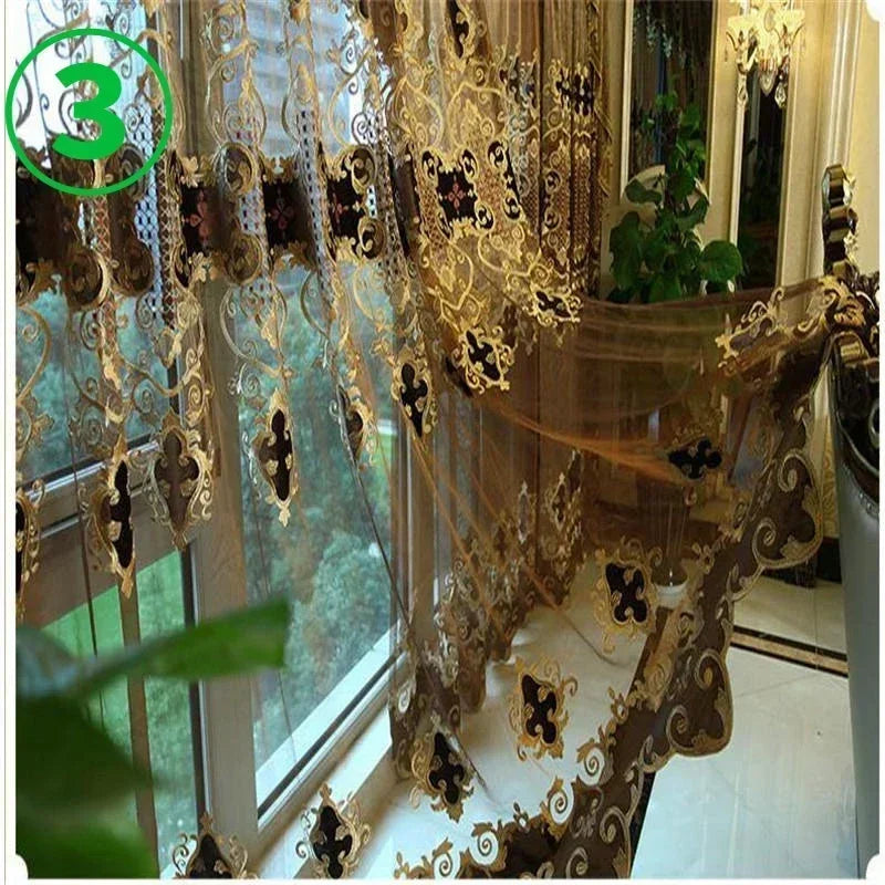 Embroidered Chenille Velvet Curtains for Living Room Bedroom European Modern Brown Gold Sheer Tulle Windows Backdrop Valance