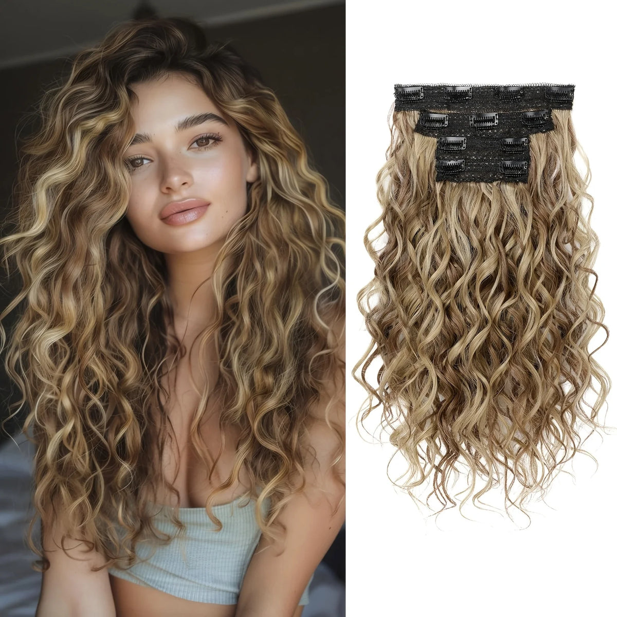 Synthetic 4PCS Hair Extensions 14inch Short Curly Wavy Brown Blonde Color Invisible Lace Weft Natural Soft Hairpieces for Women