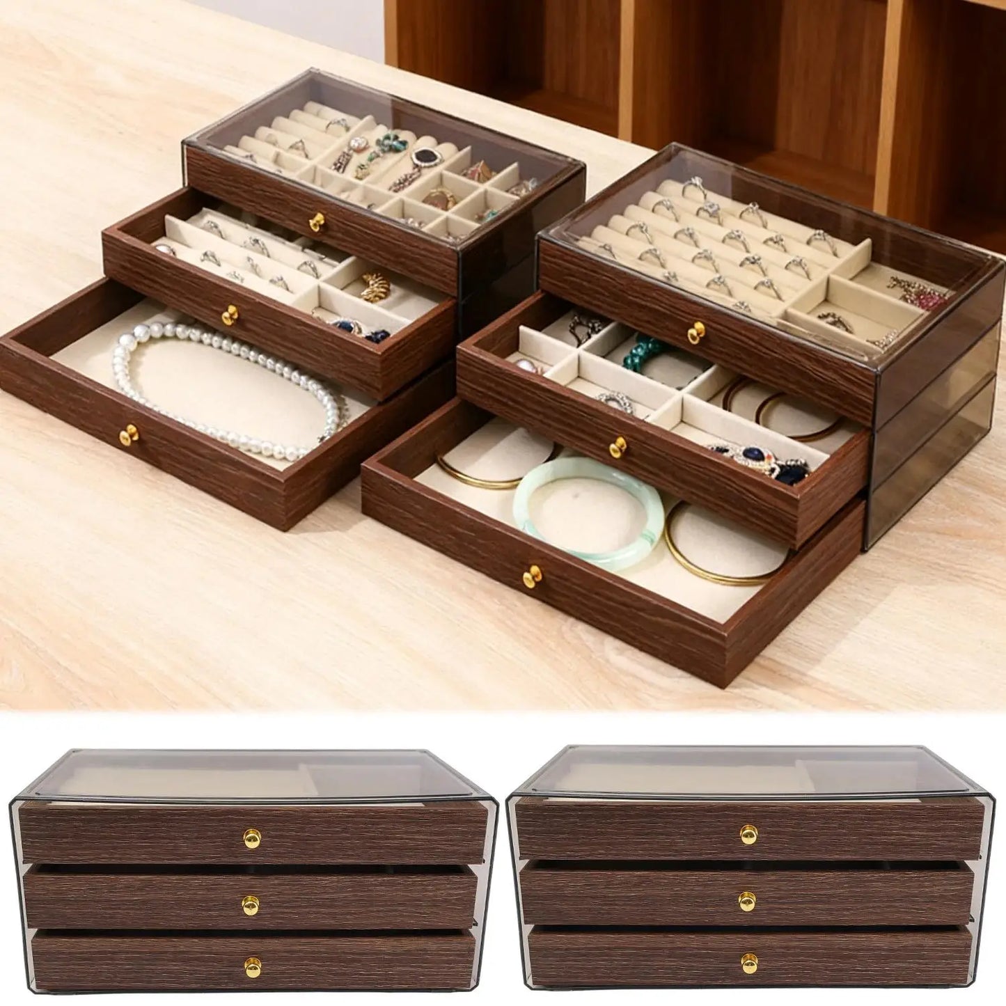 3-layer Large Capacity Drawer Walnut Wood Jewelry Storage Box Suitable for Earring Necklace Ring Jewelry Oxidation Prevention