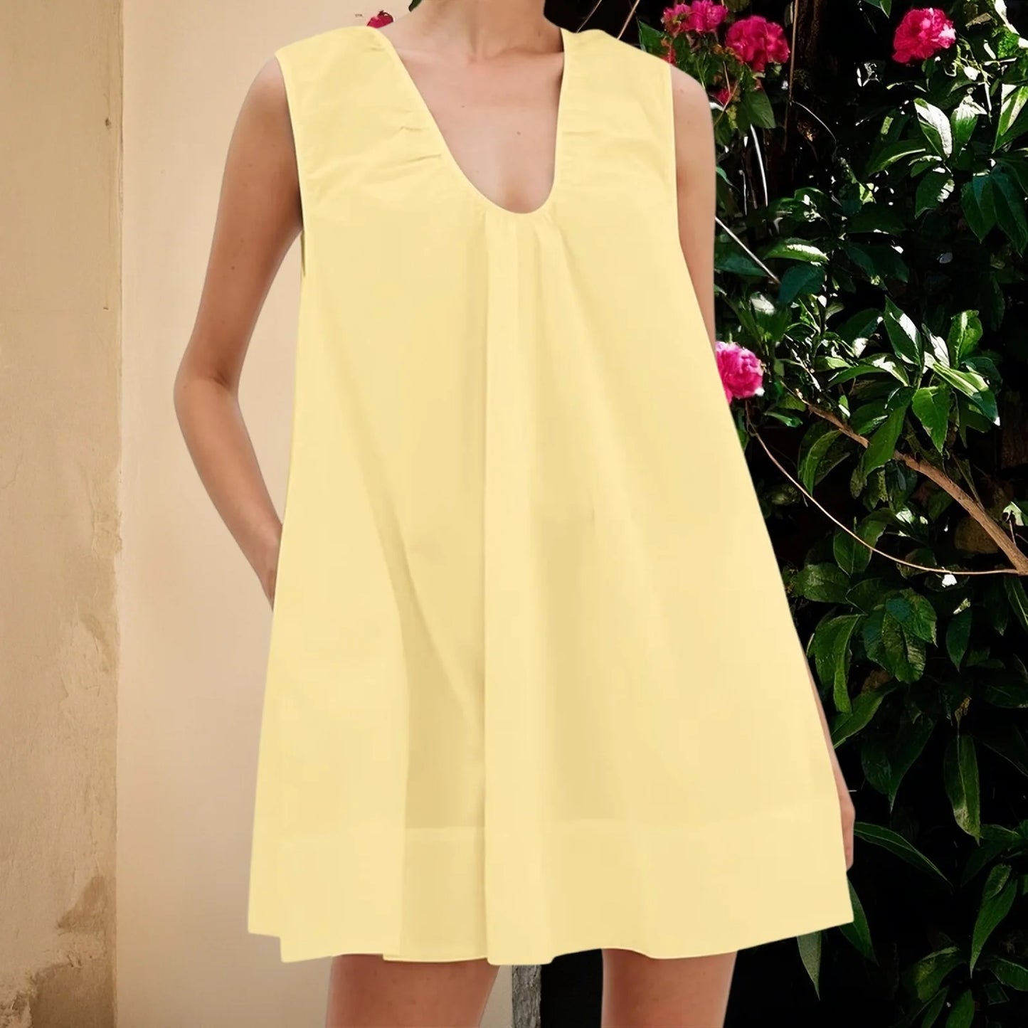 New Fashion Womens V Neck Tank Dress Sleeveless Solid Color Loose Beach Dresses With Pocket Club Street Style Hot Sale S-XL