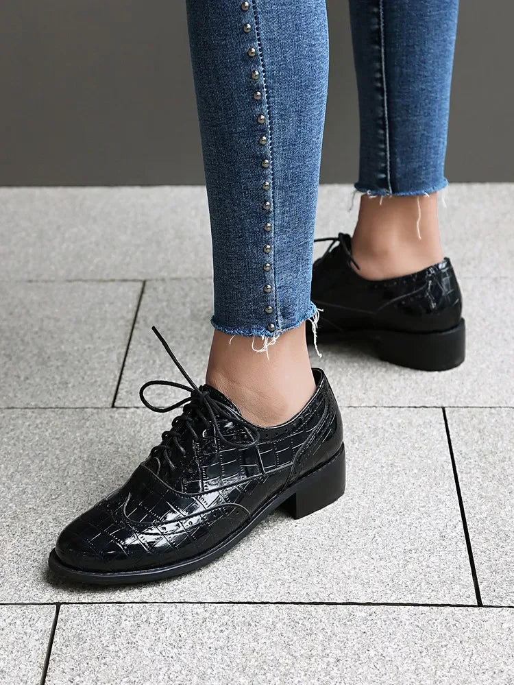 2025 Women Shoes Spring New Fashion Round Toe Lace Up Retro Single Shoe for Office Party Walk Thick Low Heeled big Size 48 775-1