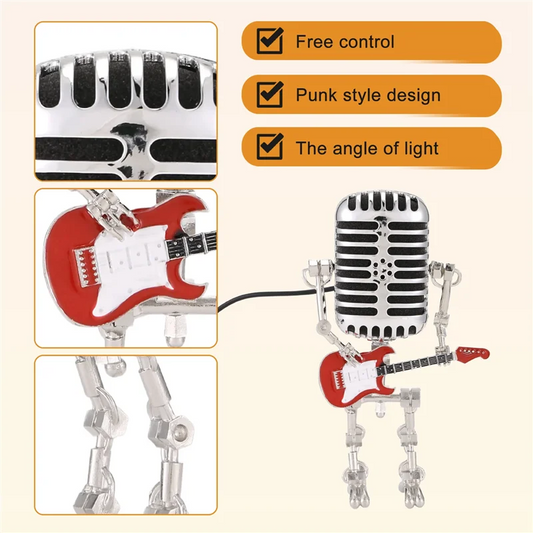 Mic Robot,Retro Style Microphone Robot Table Lamp,Holding Guitare Night Light,Vintage Microphone Robot Desk Lamp-B91B