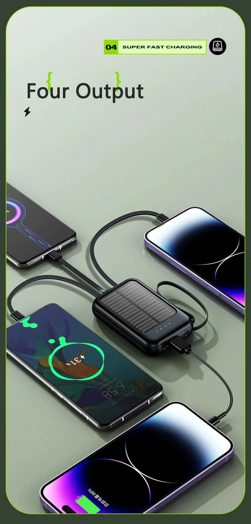 50000mAh High Capacity Solar Power Bank Built in Cable Solar Charger 2-USB Ports External Charger Power Bank LED Light 2026 New