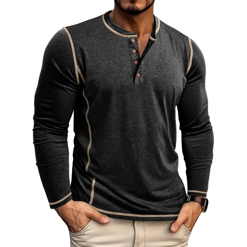 2025 Autumn Winter New Fashion Men's Casual Trendy Basic Henry Collar Long Sleeve Button Solor-coded T-shirts Male Clothes Tops
