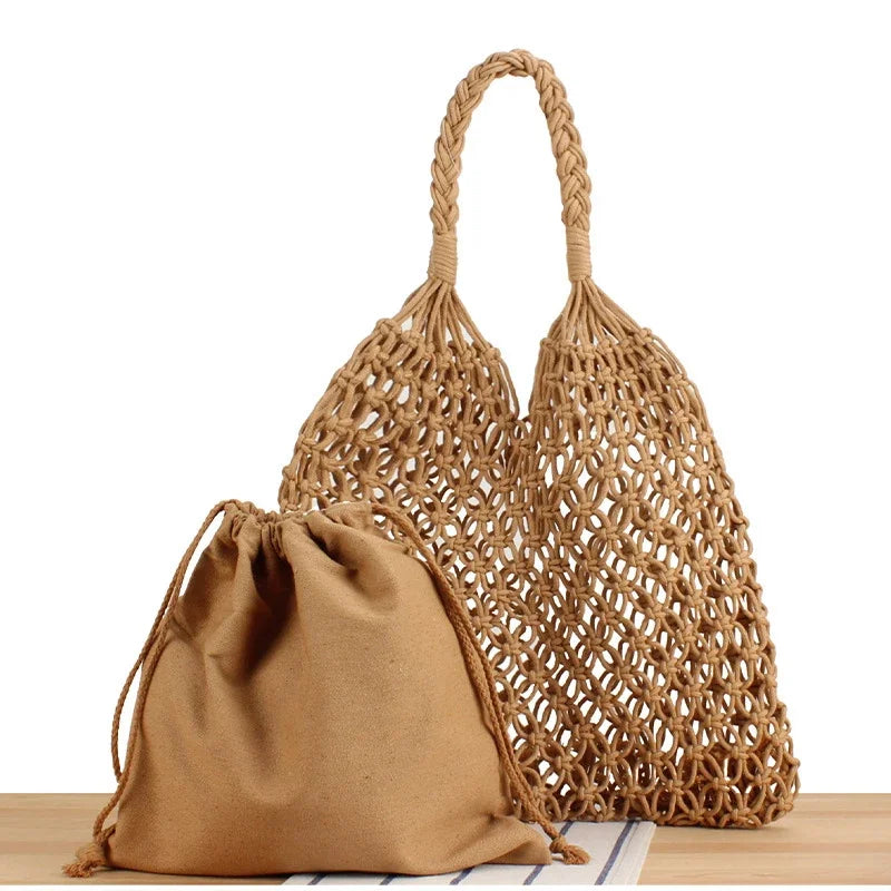 Fashion Crochet Bags for Women Summer Beach Tote Bag Raffia Aesthetic Totes Straw Handbag Bohemian Boho Woven Knit Shoulder Bag