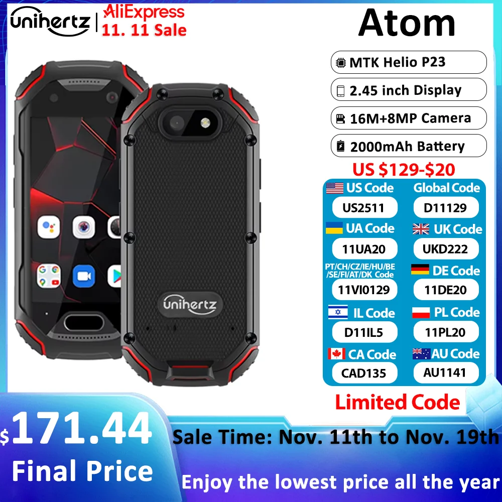 In Stock Unihertz ATOM World's Mini Rugged Smartphone 4GB 64GB Android 9 Octa Core 2.45 inch Unlocked Cellphone 2000mAh NFC