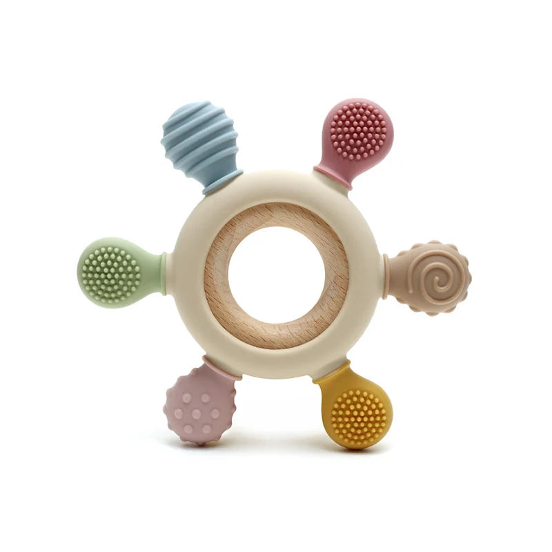 Cartoon Stegosaurus Baby Wooden Ring Silicone Teething Toys Easy to Grip Newborn Gift BPA Free Colorful Infant Chewing Molar Toy
