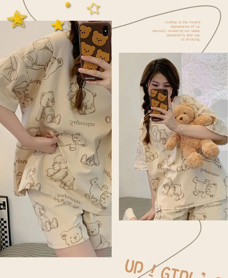 New Women's Pajamas Two-Piece Summer Thin Section Of Short-Sleeved Shorts Cute And Comfortable Milky Outwear Homewear Suit