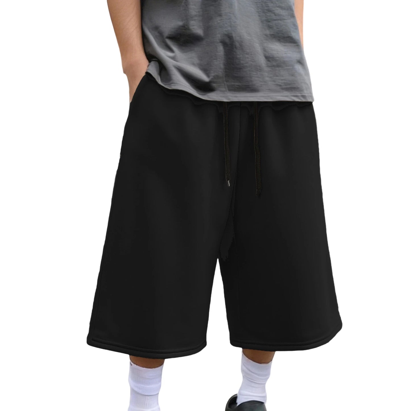 Men's Wide Leg Capri Pants Solid Color Casual 3/4 Length Drawstring Waist Sweatpants with Pockets for Sports, Gym