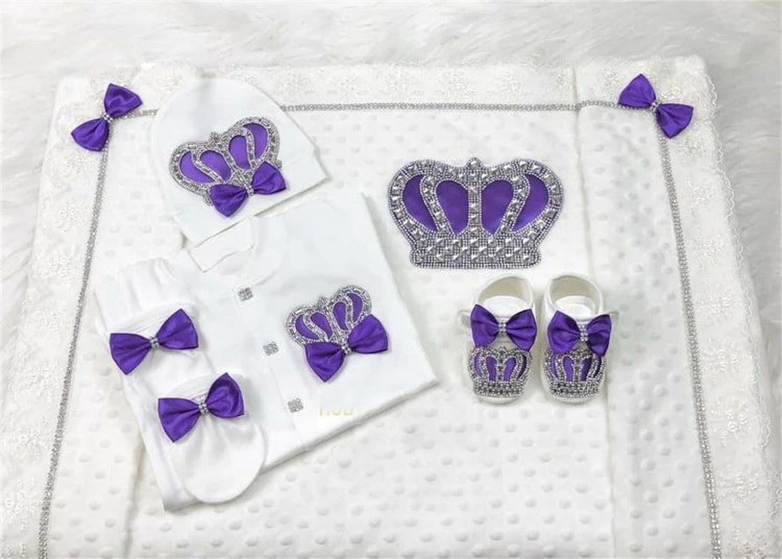 Dollbling Newborn 5pcs Layette Outfits Set Baby Tuxedo Outfit 0-3M Handmade Embroidery Wheat Jewels Crown Parajams Gift Set