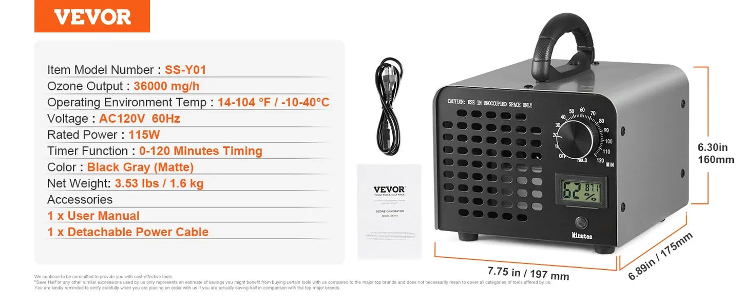 VEVOR Ozone Generator Commercial Ozone Generator Ozone Machine 12000 24000 36000mg/h Odor Remover with 0-120min Timer
