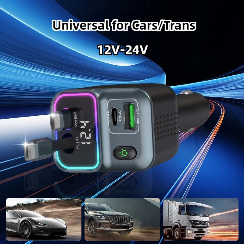Scalable Car Charger 4in1 Fast Charging Car Charger with 72W Retractable Cable and PD65W USB Port Compatible with Type-C Adapter