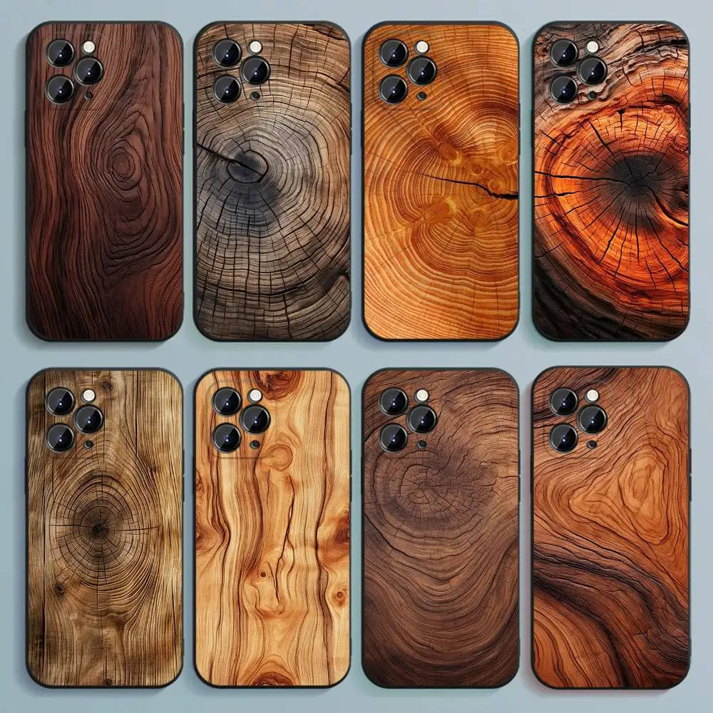 Natural Wood Phone Case For iPhone 17,16,15,14,13,12,Pro,Max,Plus,E,SE4,Air,Mini Black Soft Cover