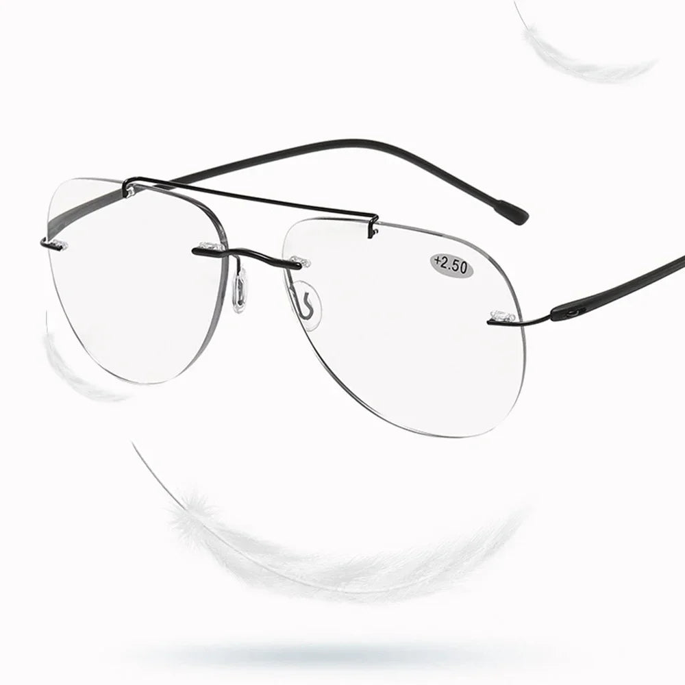 HDCRAFTER Multifocal Rimless Reading Glasses Photochromic Progressive Anti Blue Light Titanium Alloy Sun Glasses +100 to +400