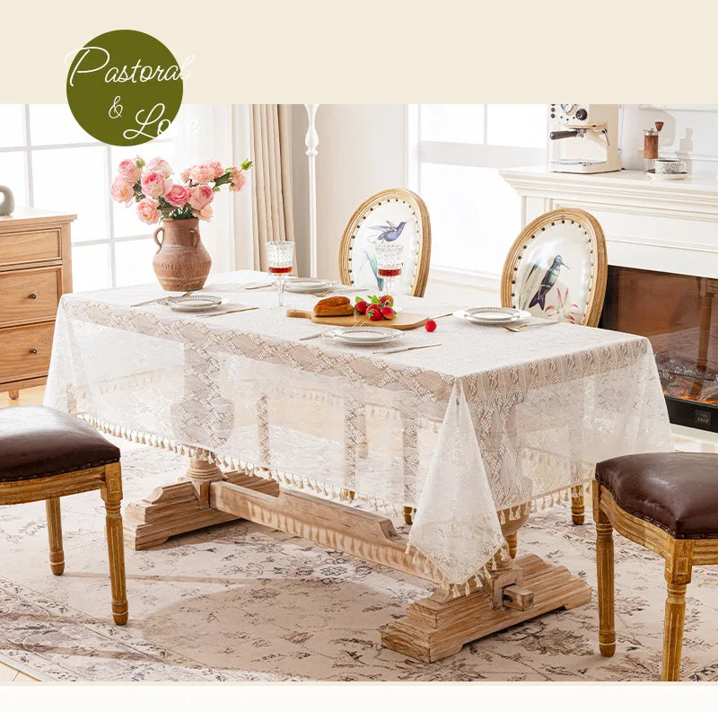 French Rose Lace Tablecloth, Rectangular Dining Tablecloth, Home Coffee Table Wedding Decoration Cover,