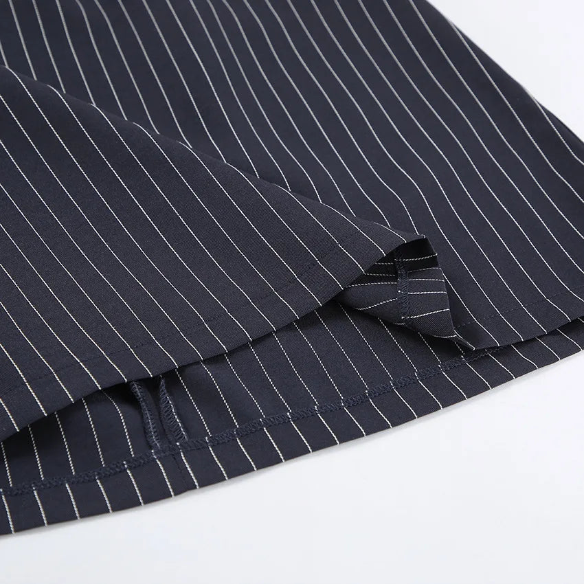 Women's Matching Sets 2026 Woman Navy Blue Striped V-neck Waist Small Suit Top Short A-shaped Skirt Women's Two-piece Set