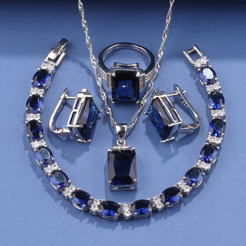 Rectangle 925 Silver Jewelry Accessory Fashion Vintage Original Set Of Earrings Women's Ring  Hand Bracelets Necklace Pendant