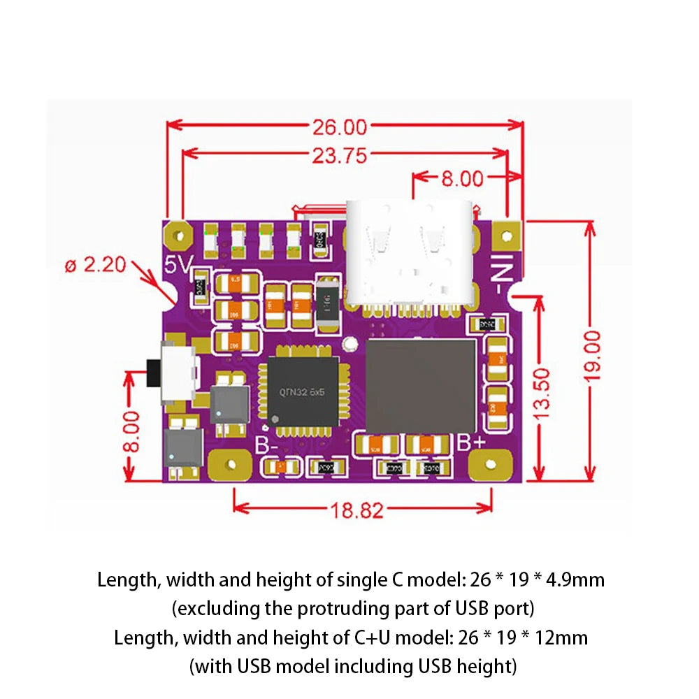 Type-C USB 5V 3A Boost Converter Step-Up Power Module Charge/Discharge Battery Protection Board With Switch LED Indicator