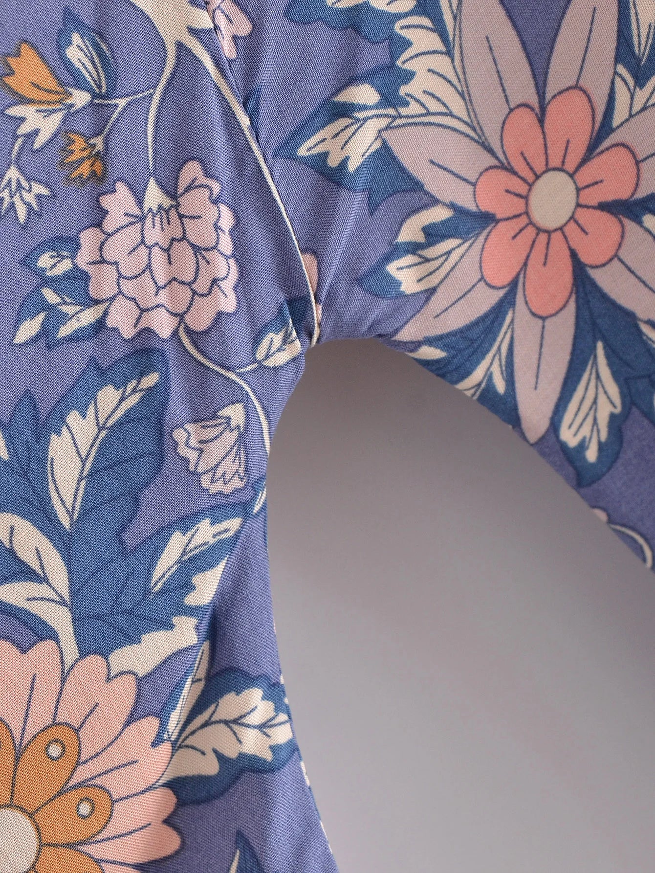 BOHO Women Blue With Pink Flower Print Kimono Shirt Holiday Tide Bow Sashes Mid Long Cardigan Summer Blouse Beach Cape