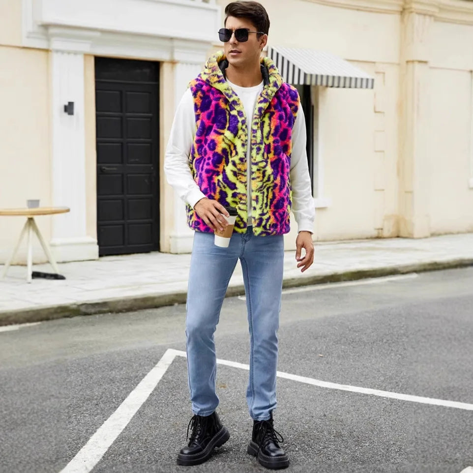Autumn and Winter New Fashion Mens Warm Vest Imitation Fur Leopard Print Contrasting Plush Vest
