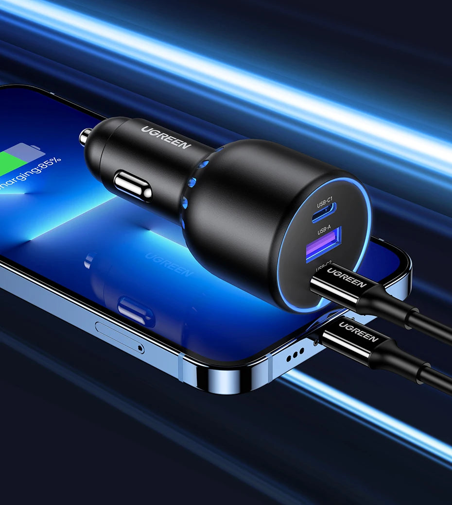 UGREEN 130W Car Charger Quick Charging PD3.0 Fast USB Type C Car Phone Charge For iPhone 14 13 Pro Max Laptops Tabet