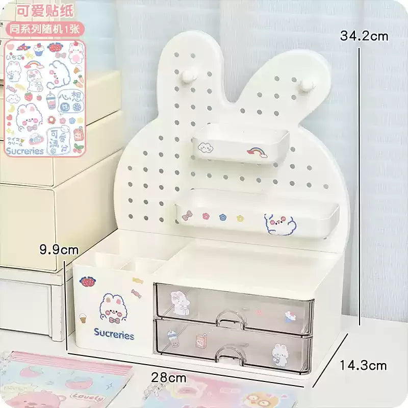 Desktop Hole Board Storage Box Desk Organizer Girls Cute Pen Holder Storage Stationary Rack Korean Kawaii Bunny Cosmetic Shelf