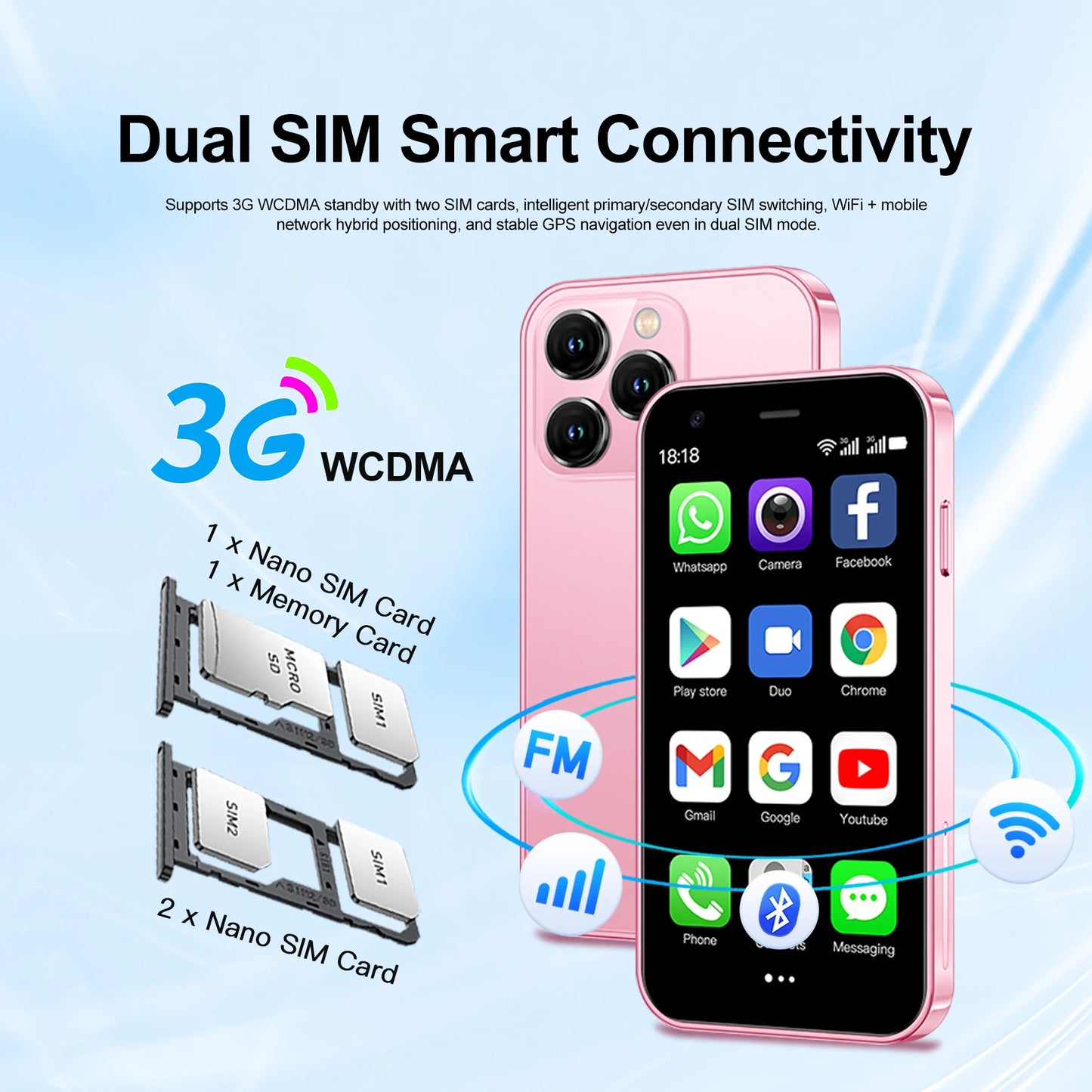 Hot Selling Mini Smartphone 3G WCDMA 3.0"Display Dual SIM Android System WiFi GPS 2GB+16GB Play Store Small Portable Smart Phone