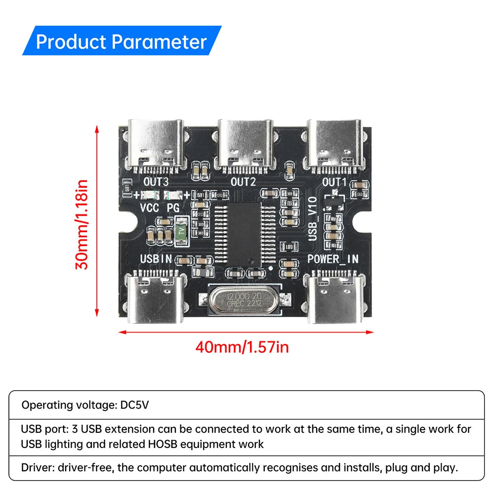USB Expansion Board Hub 1 In 3 Out Hub Expansion Module With Power Interface Type C