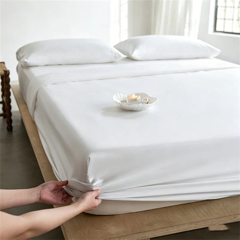 Pure Natural Mulberry Silk Fitted Sheet with All Around Elastic Band Soft Silky Breathable Mattress Cover Luxury Anti-Slip Sheet