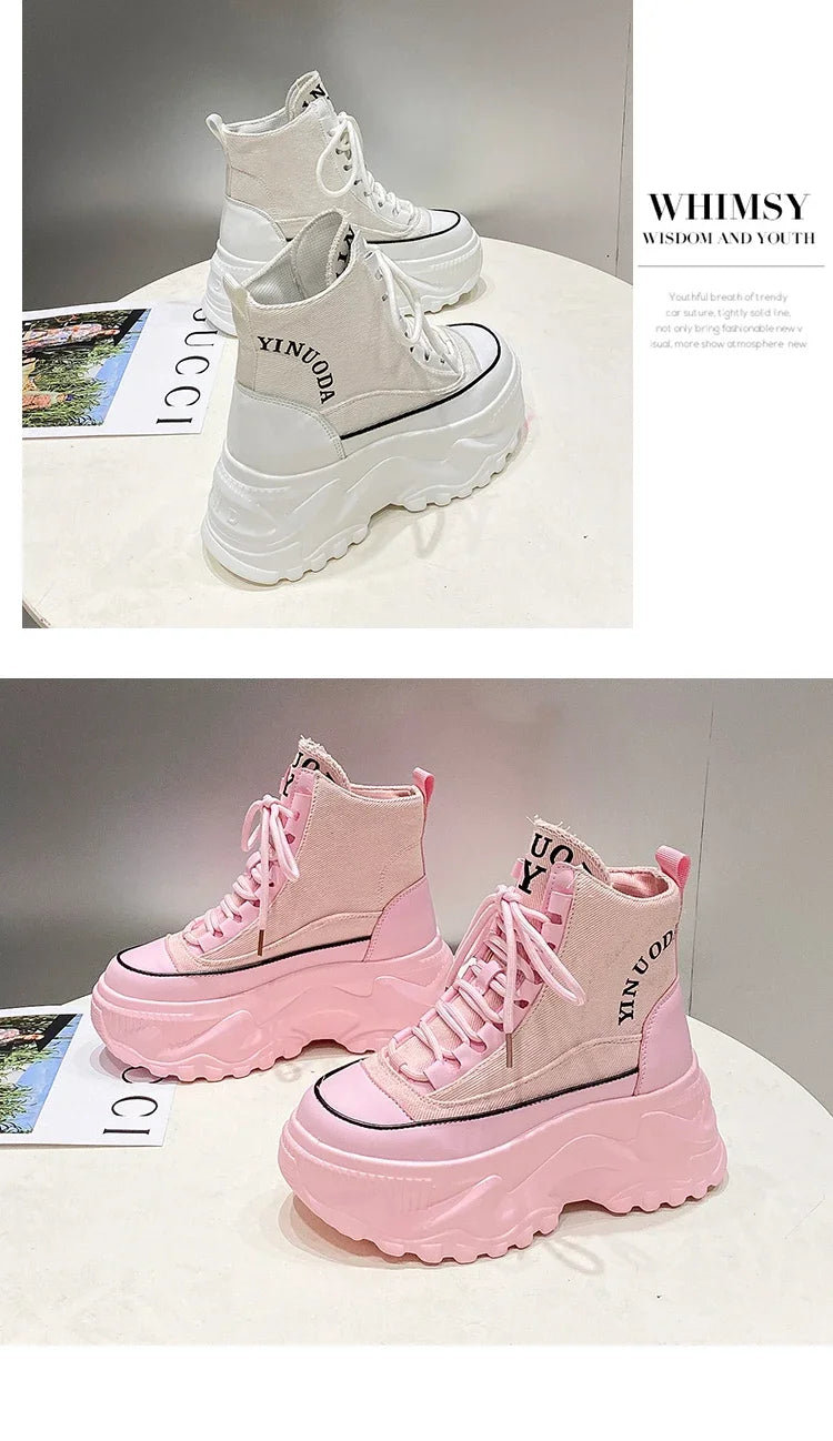 Women Sneakers High Top Platform Breathable Leather Shoes 2023 Autumn Ladies Wedges Casual Shoes For Woman Sports Dad Shoes 8CM