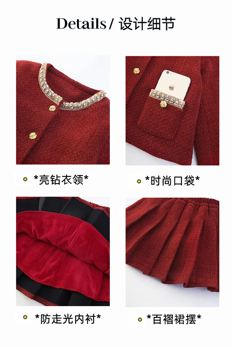 design winter teen girl clothes set beaded round neck jacket+Pleated skirt 2pcs Christma junior children outfit kids suit 4-14