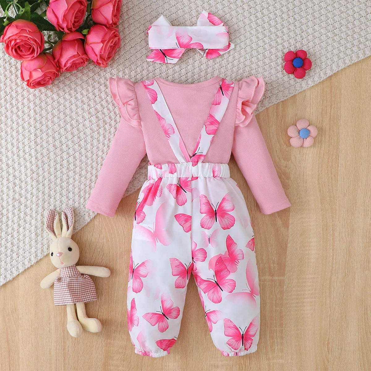 3PCS Clothes Outfits for 1-24Months Newborn&Toddler Baby Girl Long Sleeves Romper+Flower Strap Pants Cute Christmas Costume