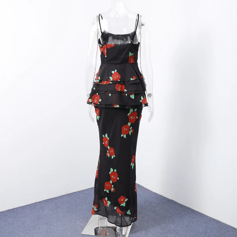 Printed Layered Pleated Top Half Skirt Women Set Sleeveless Slim Top Straight Tube Fishtail Skirts Summer Beach Vacation Suit