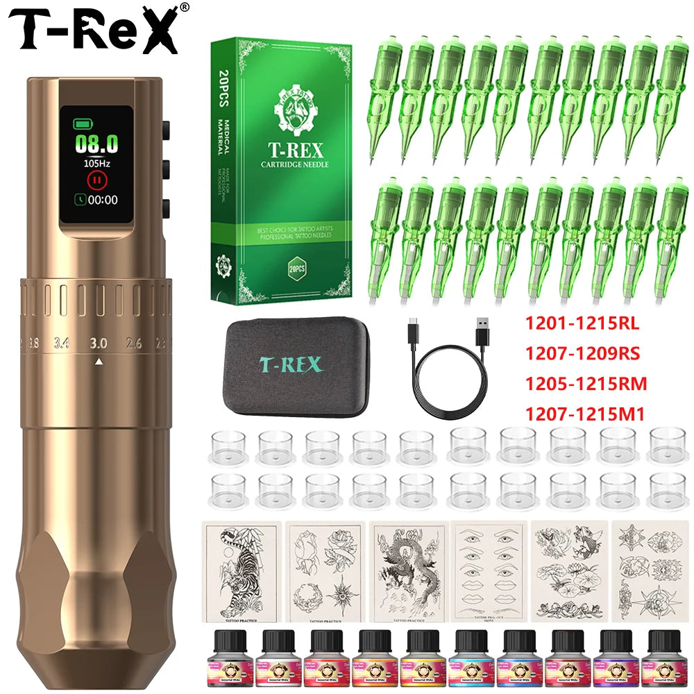 T-Rex D4 Wireless Tattoo Pen Complete Kit 2.0-4.2mm Adjustable Stroke Dot Work Mode 1600mAh Battery Full Tattoo Supplies Set