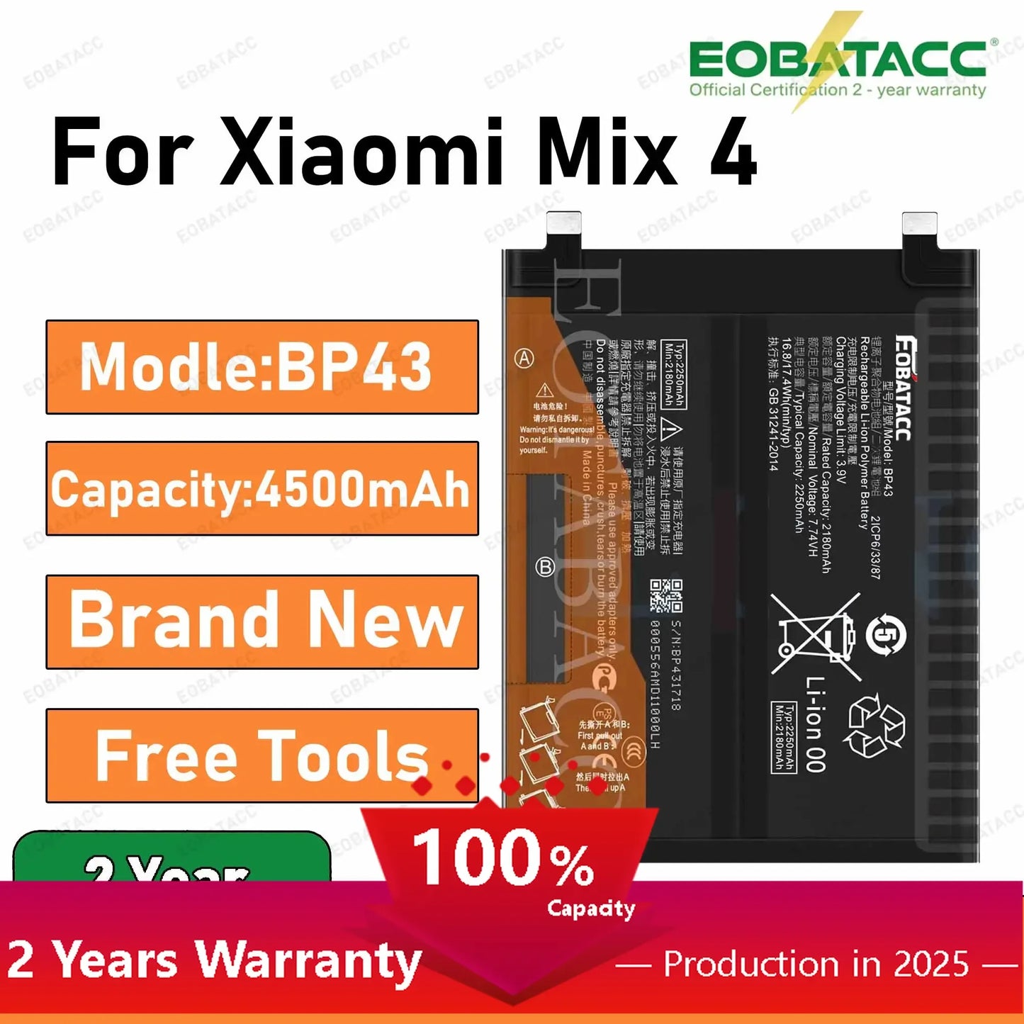 2026 Years EOBATACC 100% New Xiao Mi BP43 4500mAh Replacement Battery For Xiaomi Mix 4 Mix4 Mobile Phone Batteries Bateria+ Free